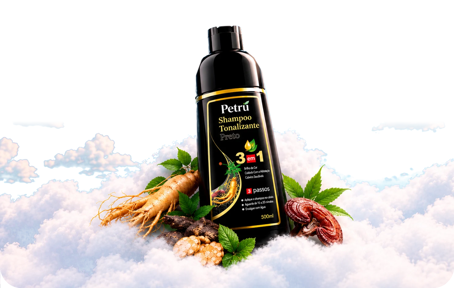 Petrú Shampoo Tonalizante Preto 3 em 1, 500ml, com ginseng e ervas sobre nuvens
